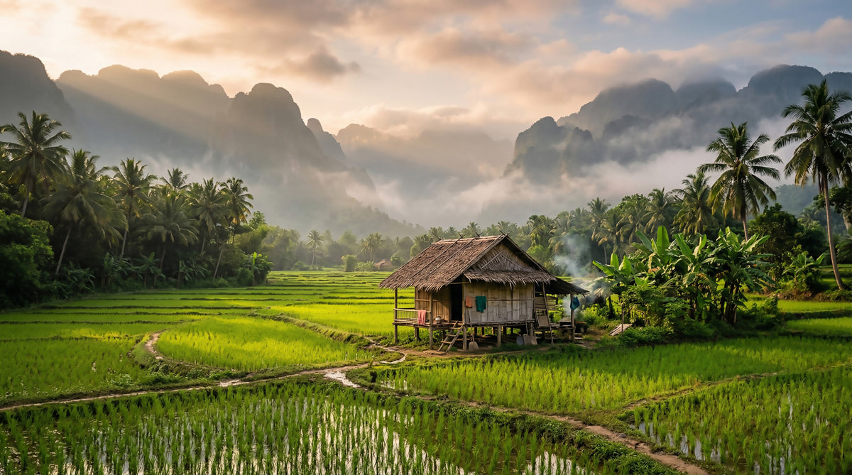 Misty Mountain Rice Fields Wall Mural in your room