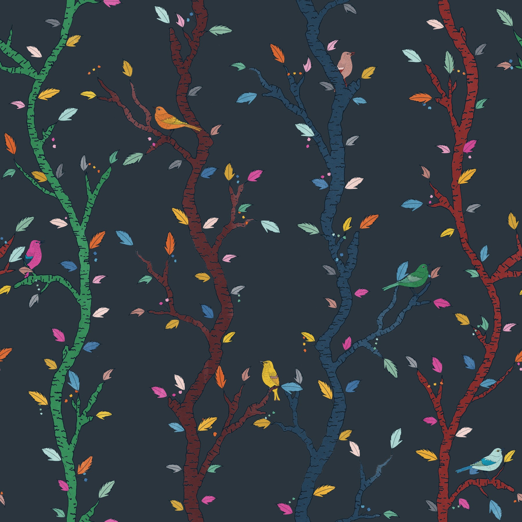 Midnight Woodland Branches with Birds Wallpaper⁠ in your room — zoomed