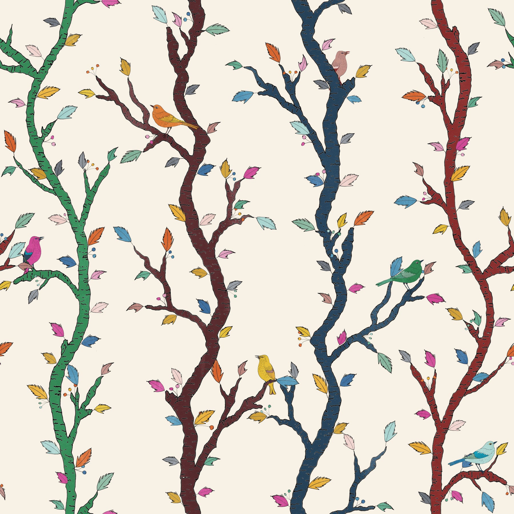 Playful Woodland Branches with Birds Wallpaper⁠ in your room — zoomed