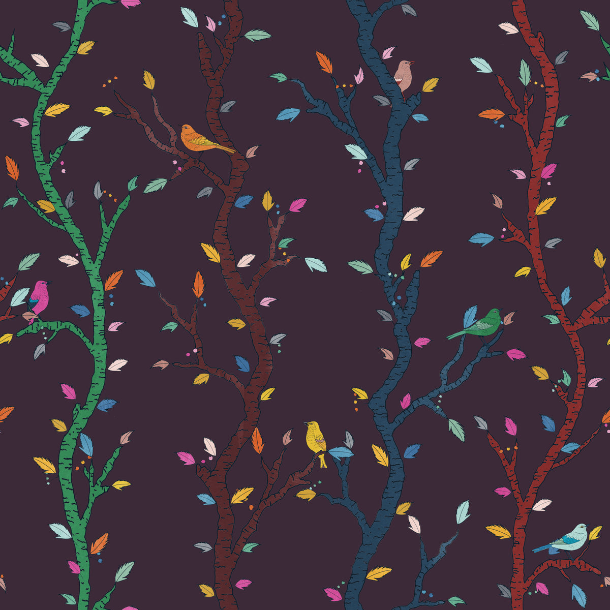 Fuchsia Night Woodland Branches with Birds Wallpaper⁠ in your room