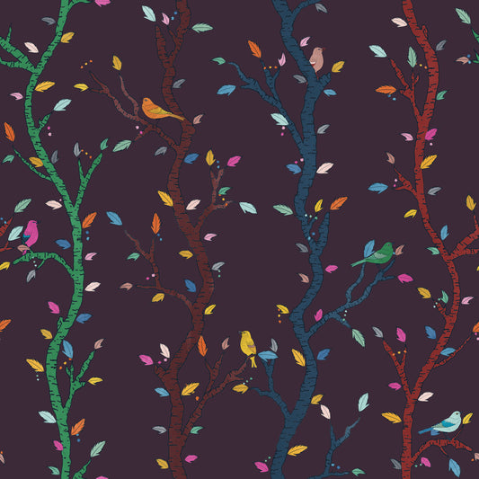 Fuchsia Night Woodland Branches with Birds Wallpaper⁠