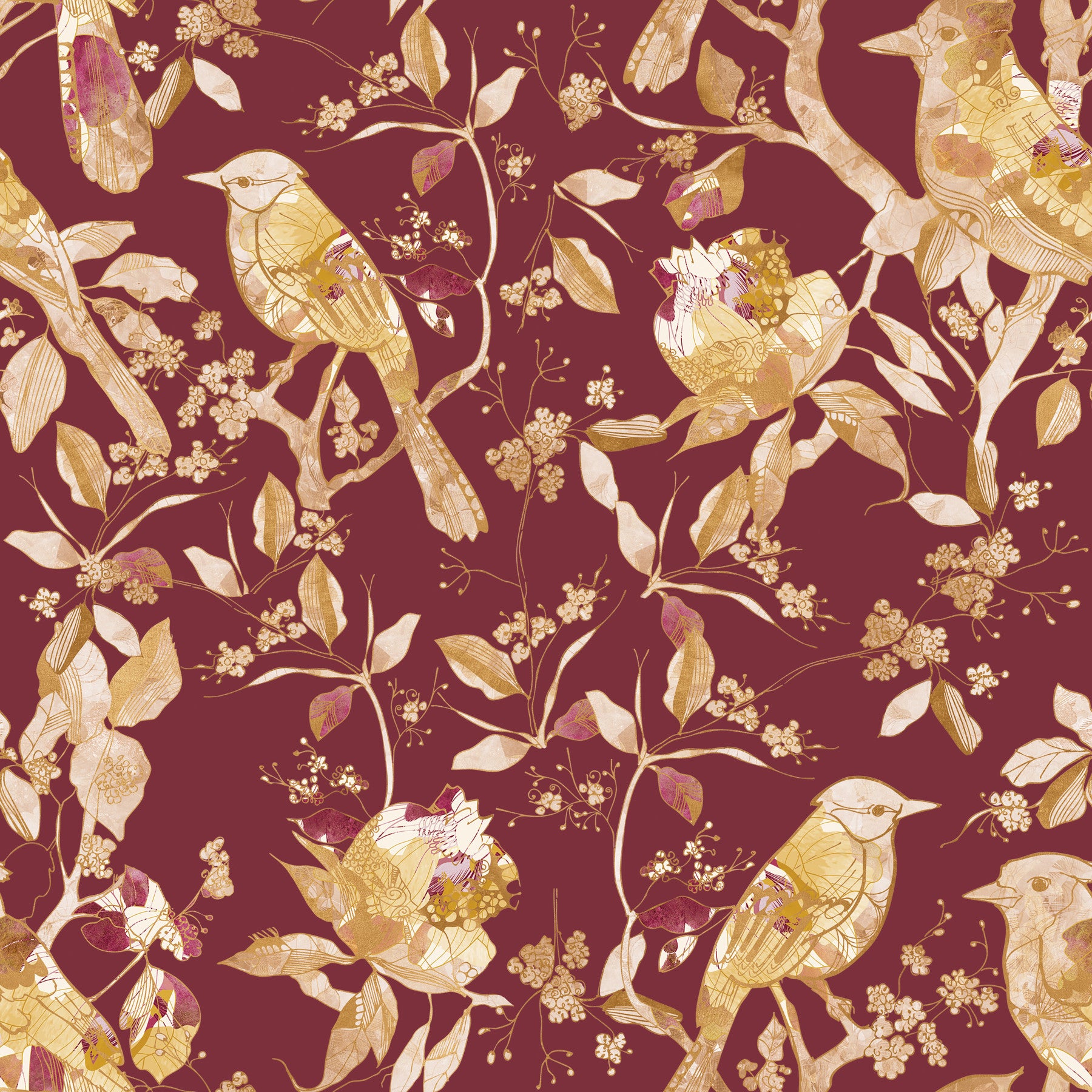 Bedroom using heritage bird wallpaper with warm burgundy floral detail