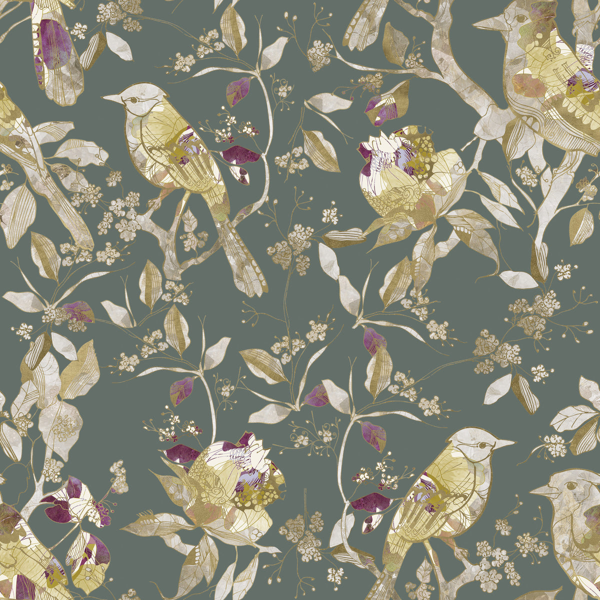 Sage Green Botanical Bird Wallpaper in your room