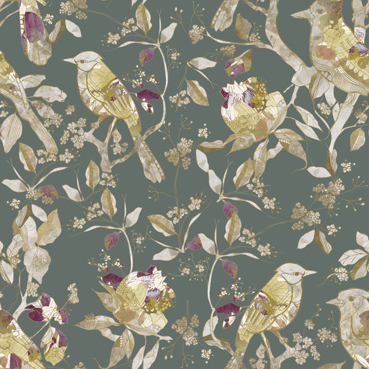 Sage Green Botanical Bird Wallpaper