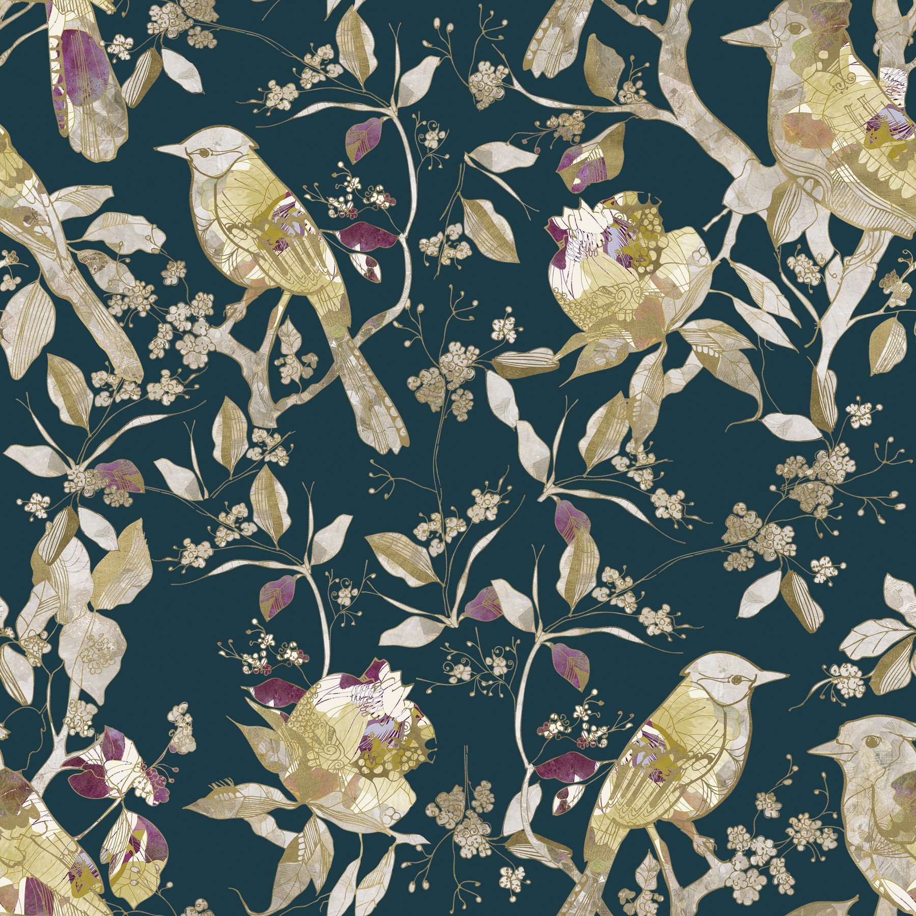 Bedroom styled in garden bird wallpaper with layered leaves and stems