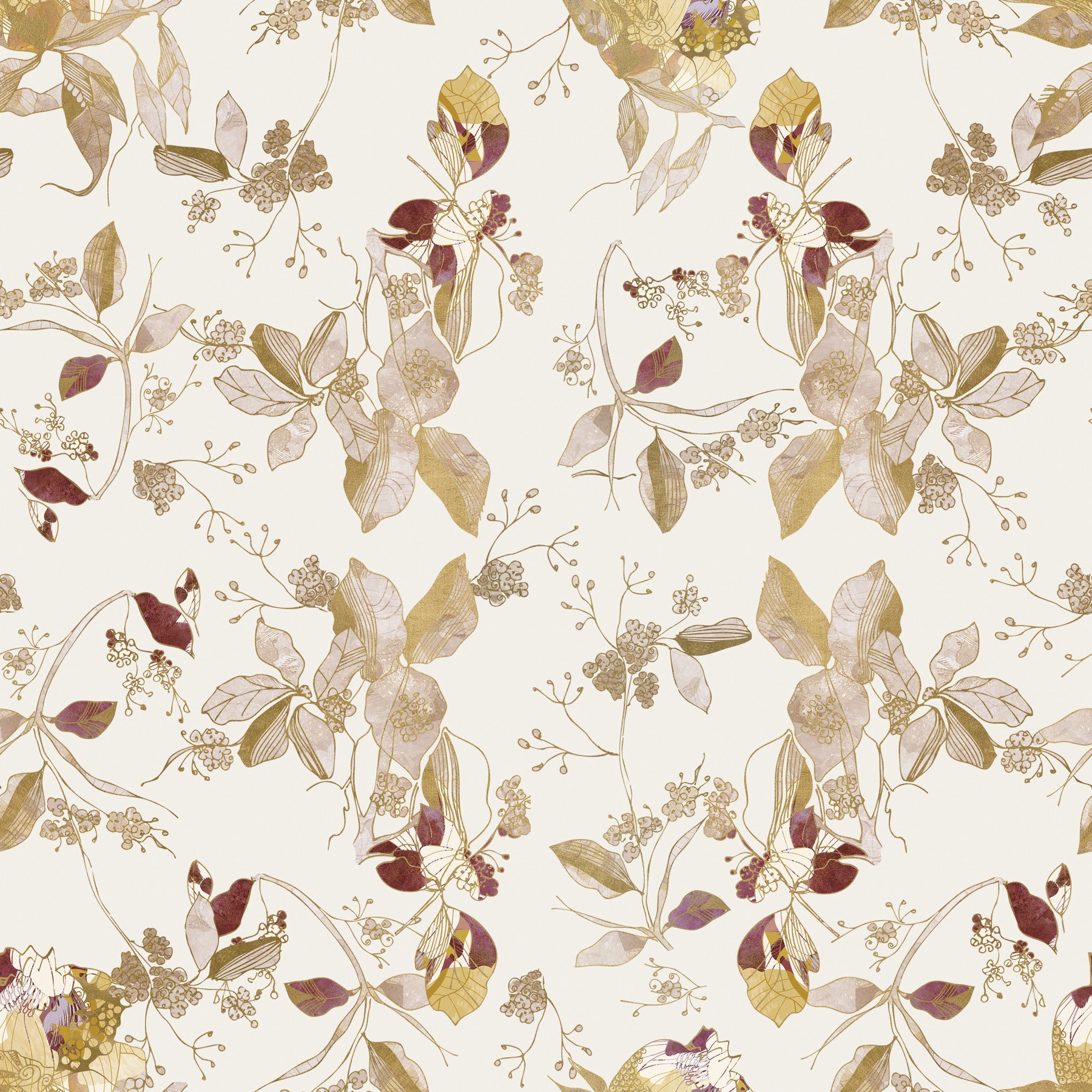 A pale ground supports floral trail wallpaper with delicate branch artwork