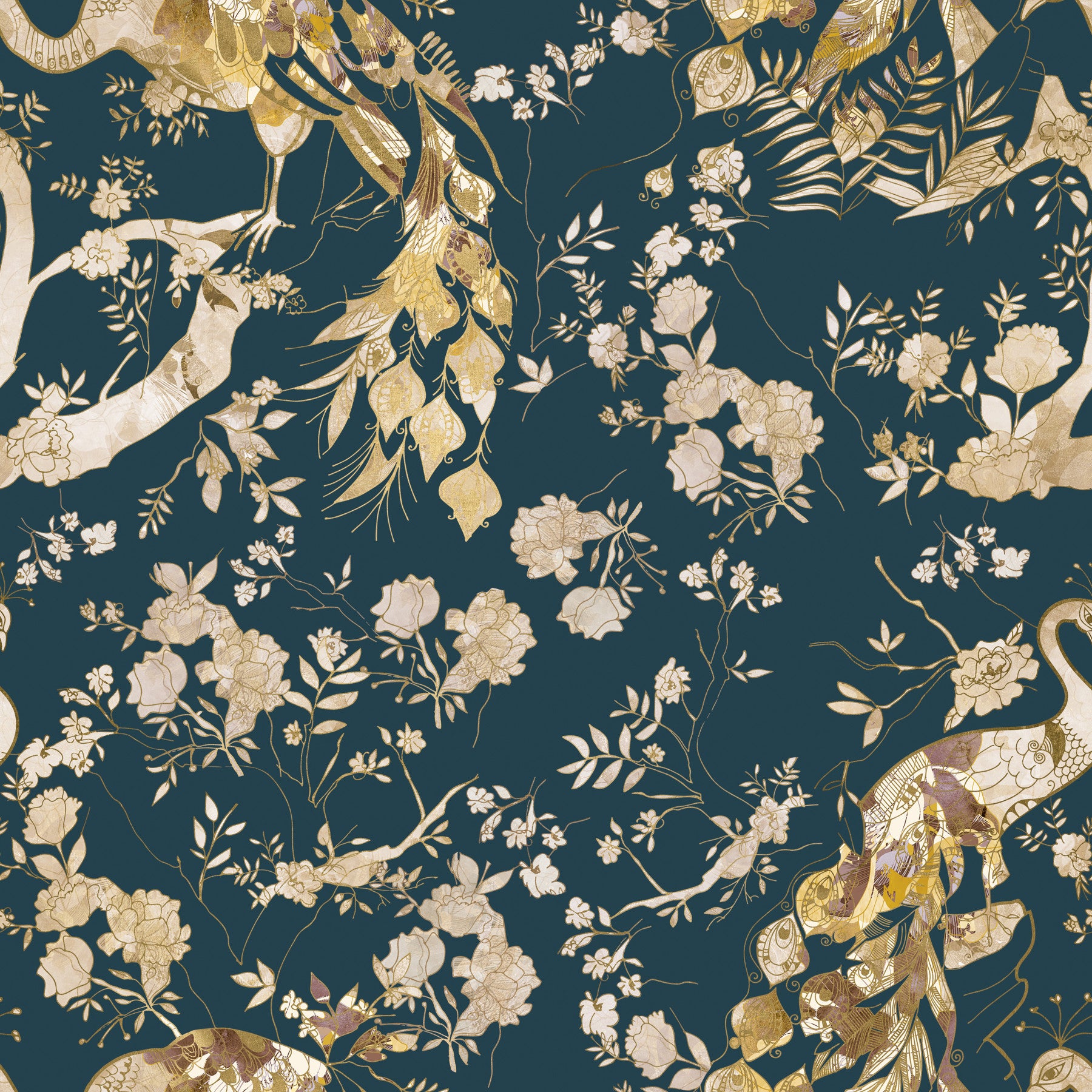 Living room with Dark Navy Bird Wallpaper and delicate cream floral detail