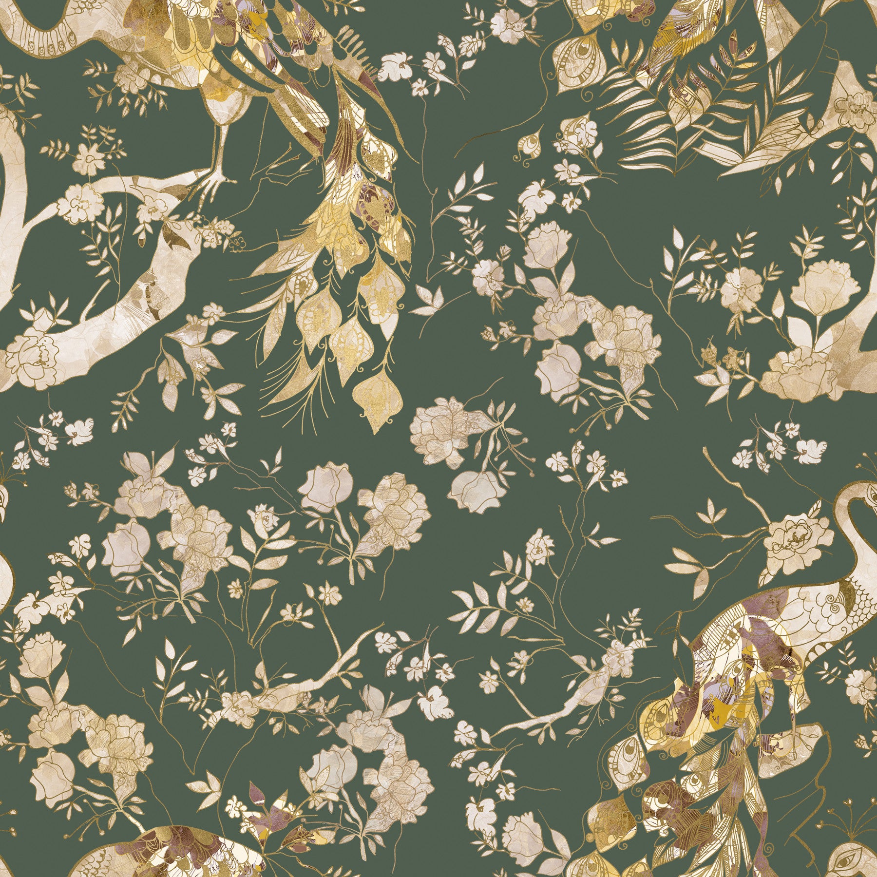 Home office with Olive Green Peacock Wallpaper and vintage floral detailing