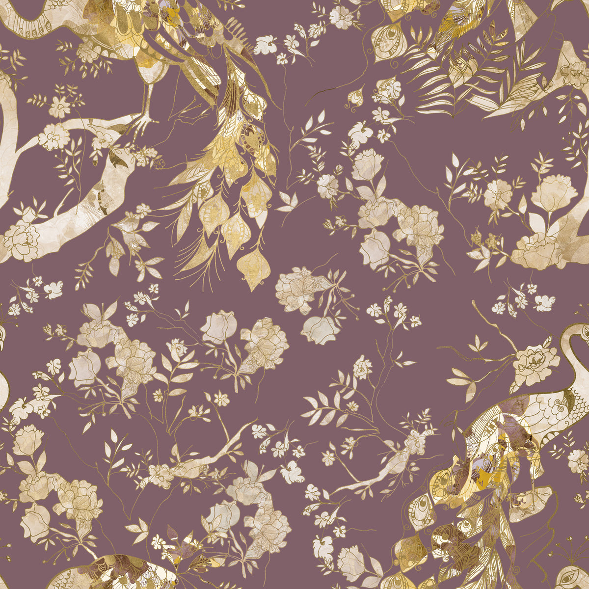 Heritage Plum Bird & Floral Wallpaper⁠ in your room — zoomed