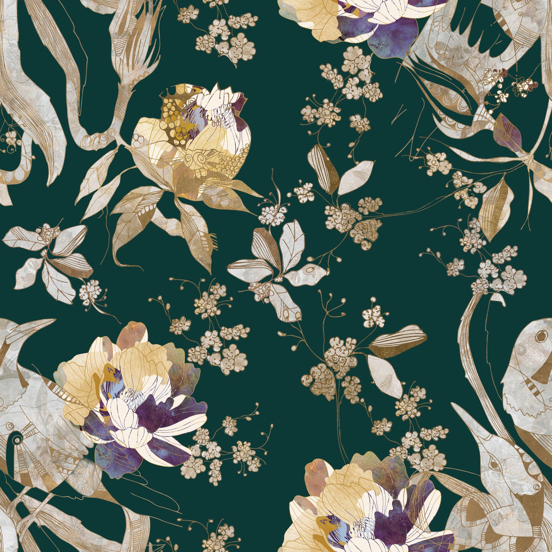Navy Floral Bird Wallpaper⁠