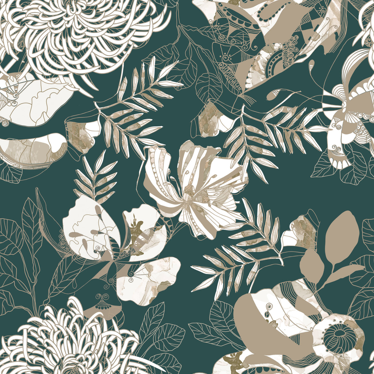 Forest Green Art Deco Floral Wallpaper⁠ in your room — zoomed