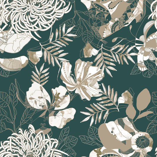 Forest Green Art Deco Floral Wallpaper⁠