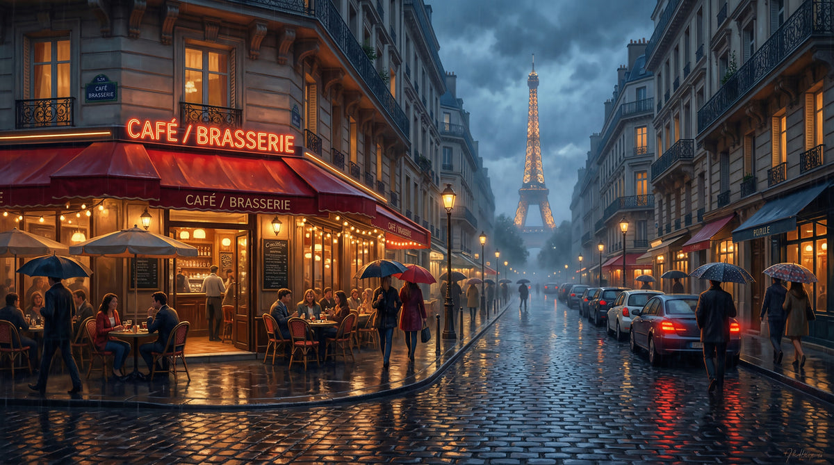 Parisian Glow: Rainy Evening Cafe Wall Mural in your room