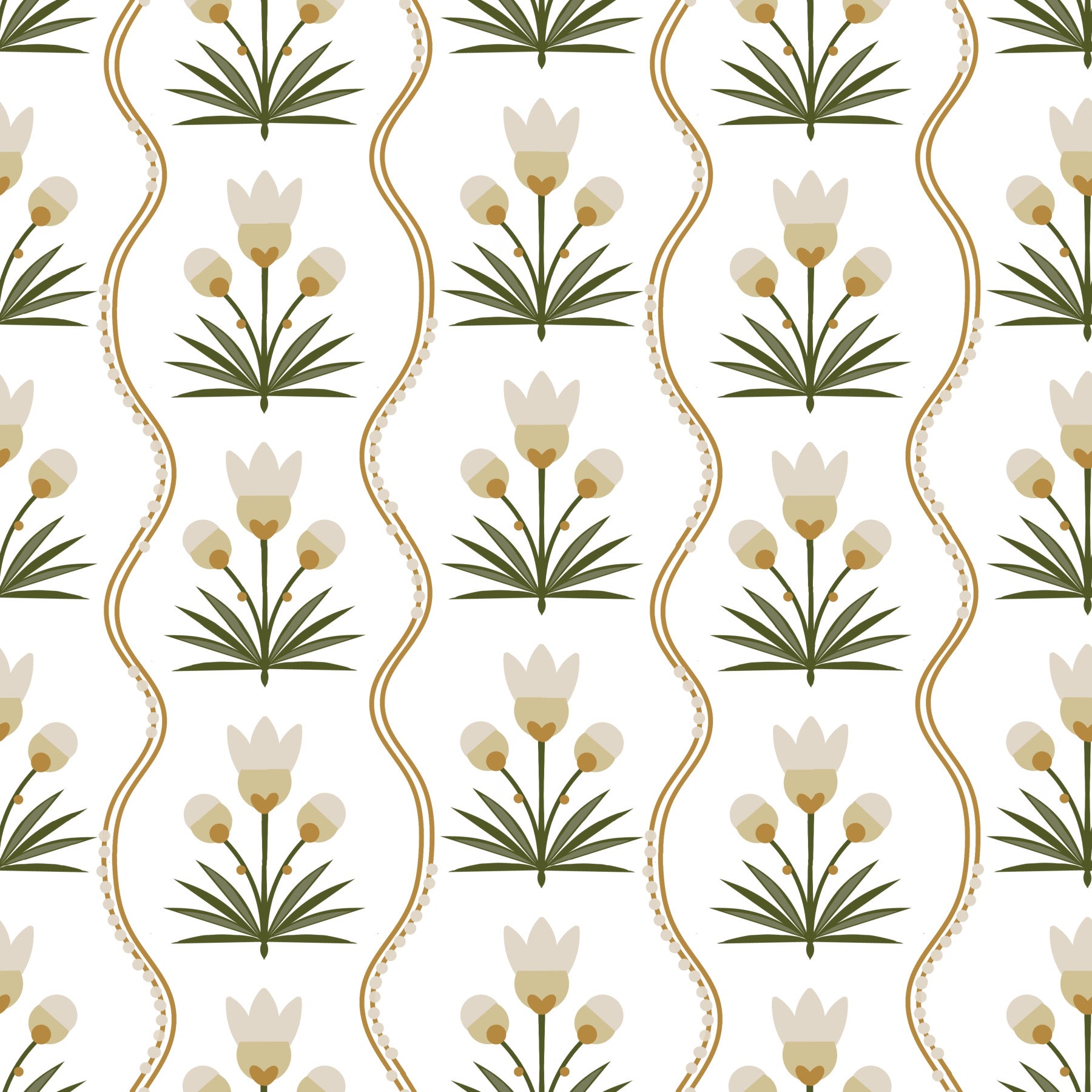 Cream and olive floral wallpaper rendered in clean folk-style symmetry