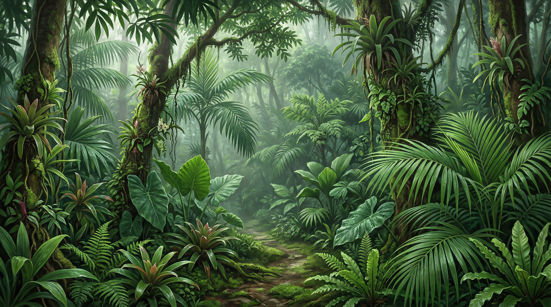 Living room with emerald forest trail wall mural on full backdrop