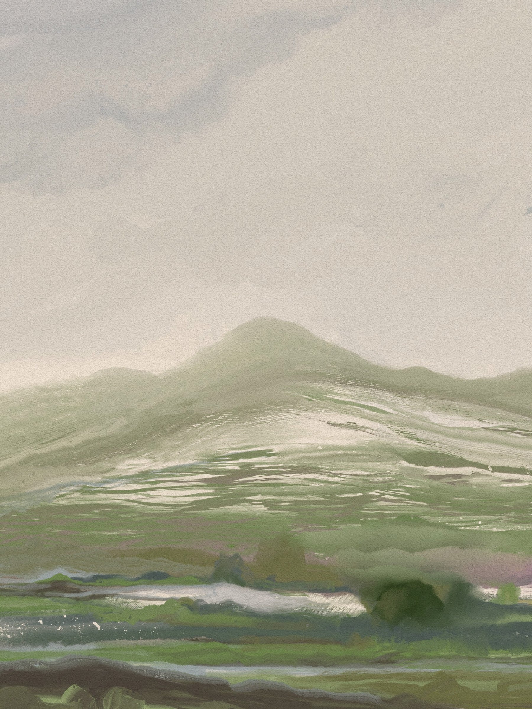 Pastoral landscape wall mural styled in a calm dining room with soft sage green tones