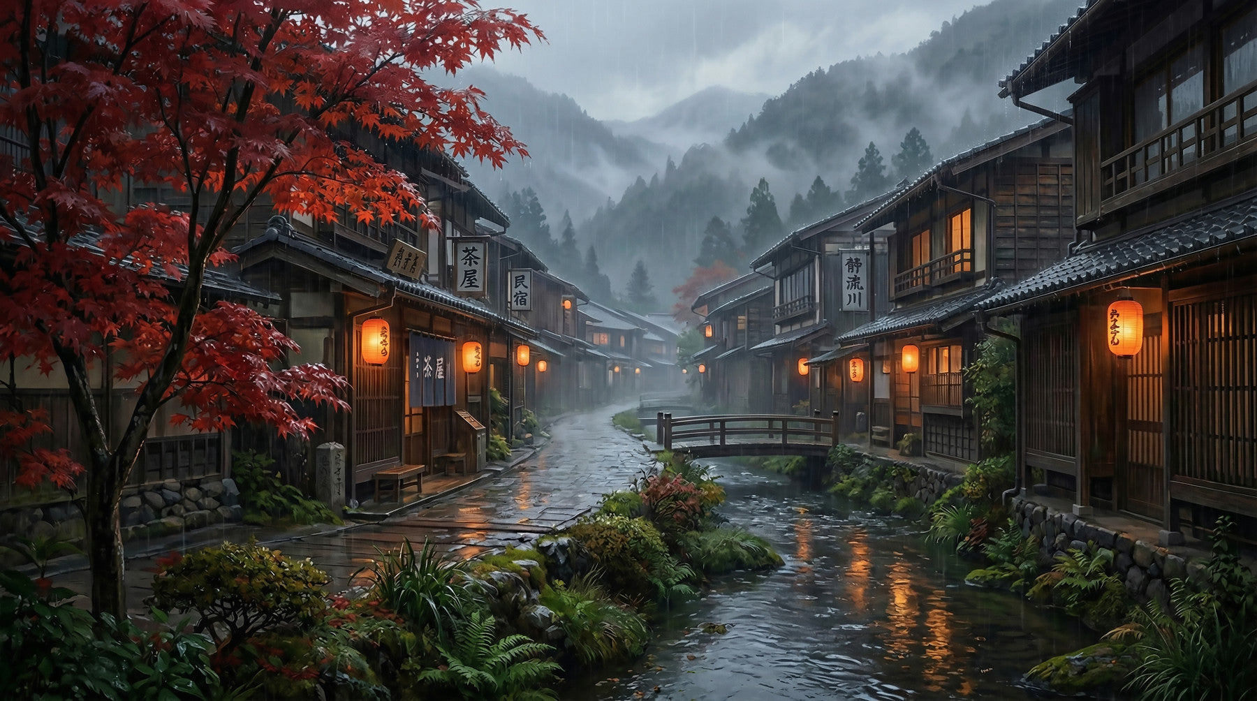 Crimson Rain Japan wall mural as the focal point of a living room