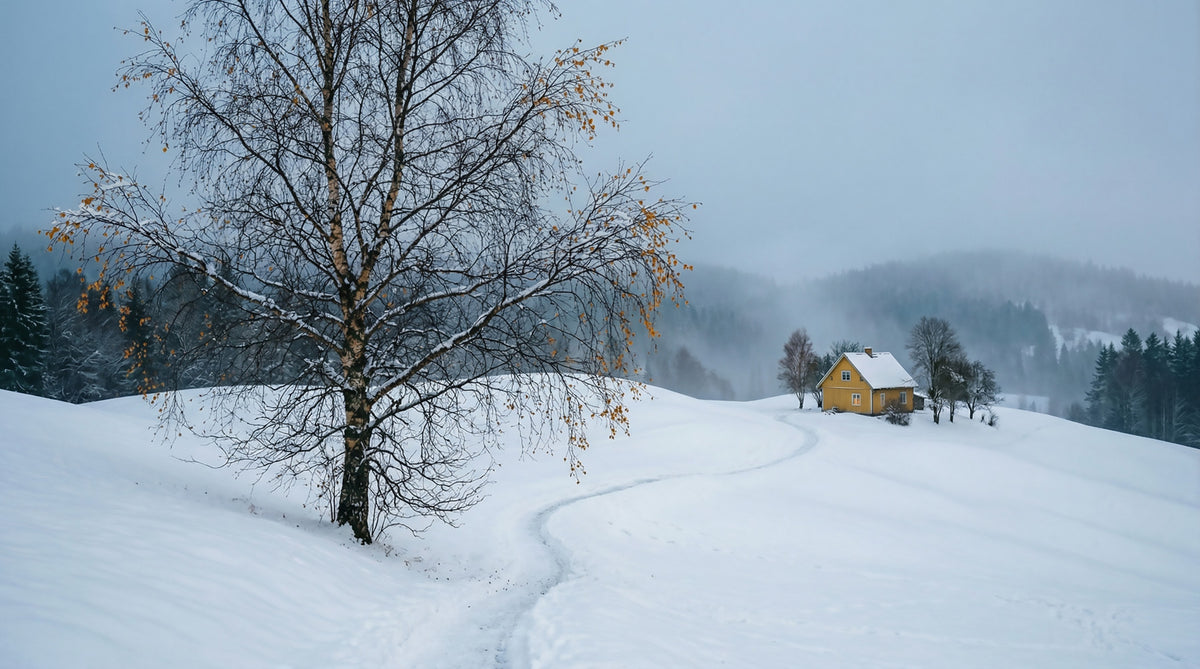 Snowy Path to the Yellow House Wall Mural in your room — zoomed