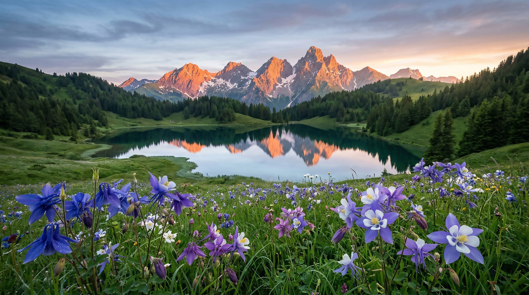 Alpine Glow wall mural as the centrepiece of an open living room