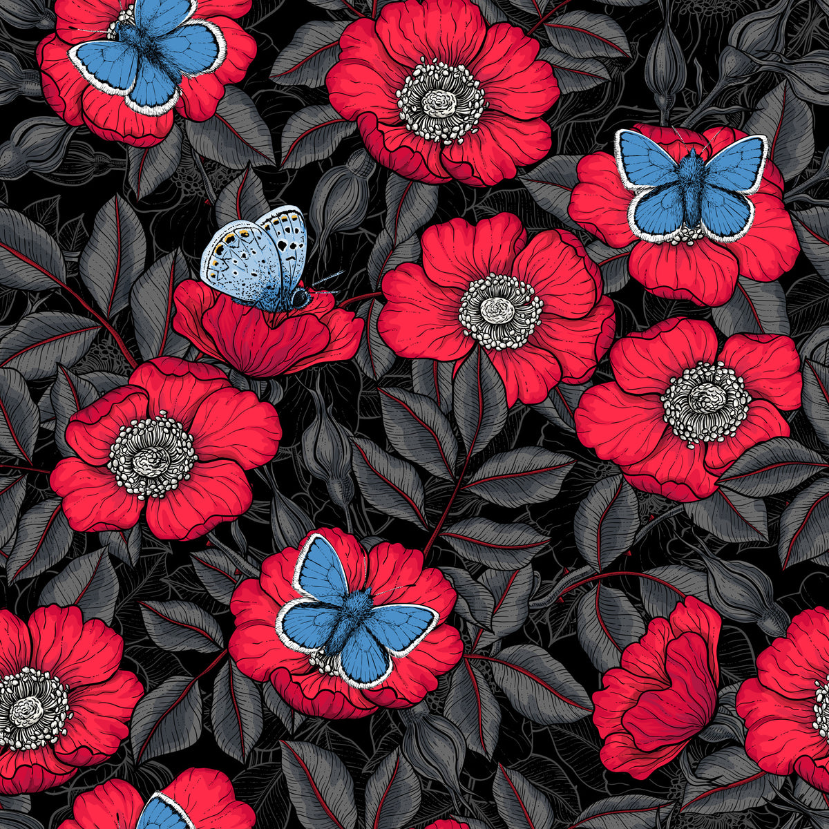 Dog Rose and Butterflies – Red and Blue Floral Colored Line Art on Red Background Wallpaper⁠ in your room