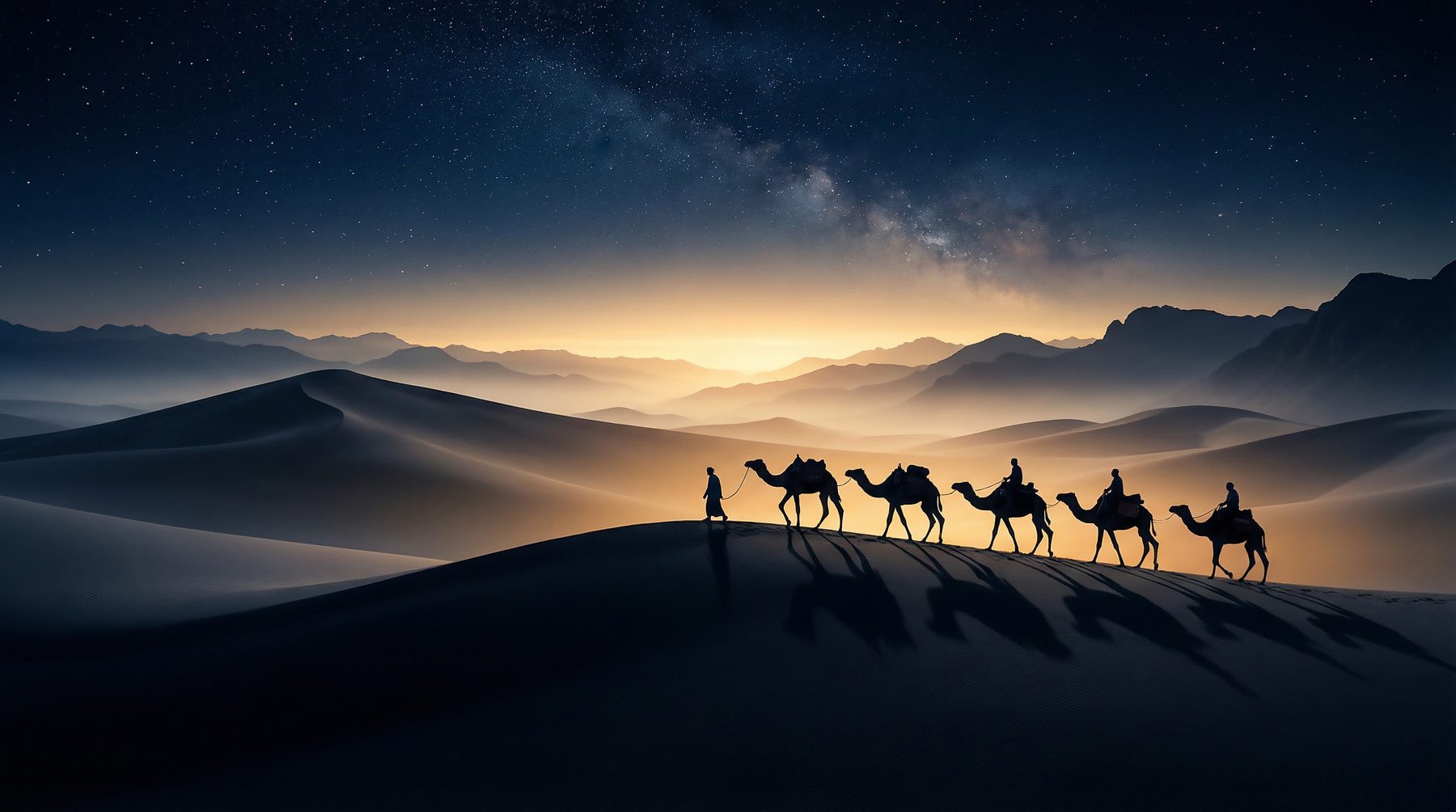 Pale living room meets the desert trek wall mural beneath a starlit sky
