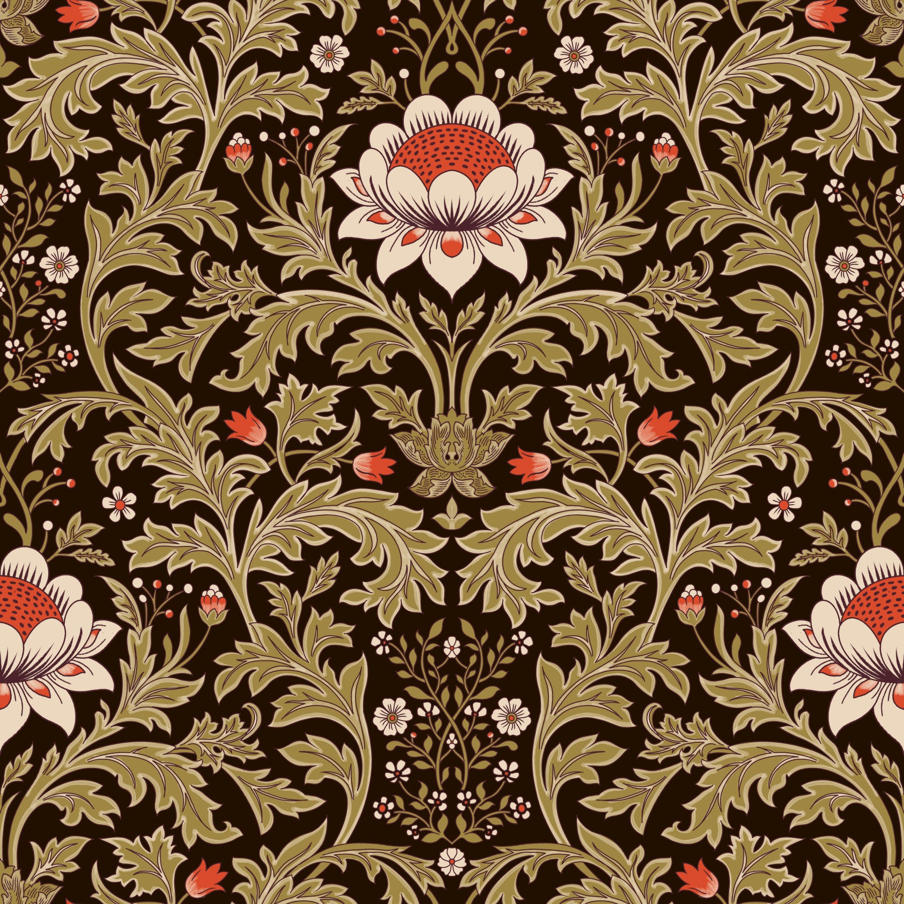 Living room paired with Arts and Crafts Botanical Tapestry wallpaper in olive and brown
