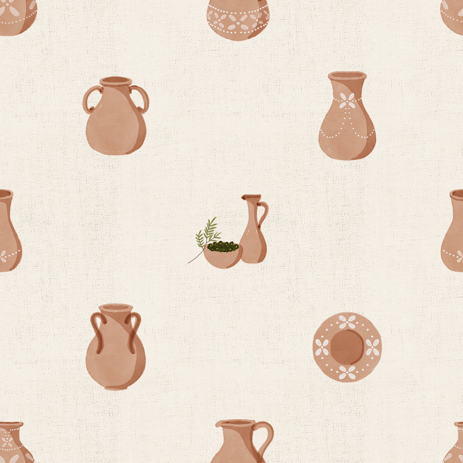 Tuscany Pottery wallpaper warms the kitchen with terracotta jugs on a cream canvas.