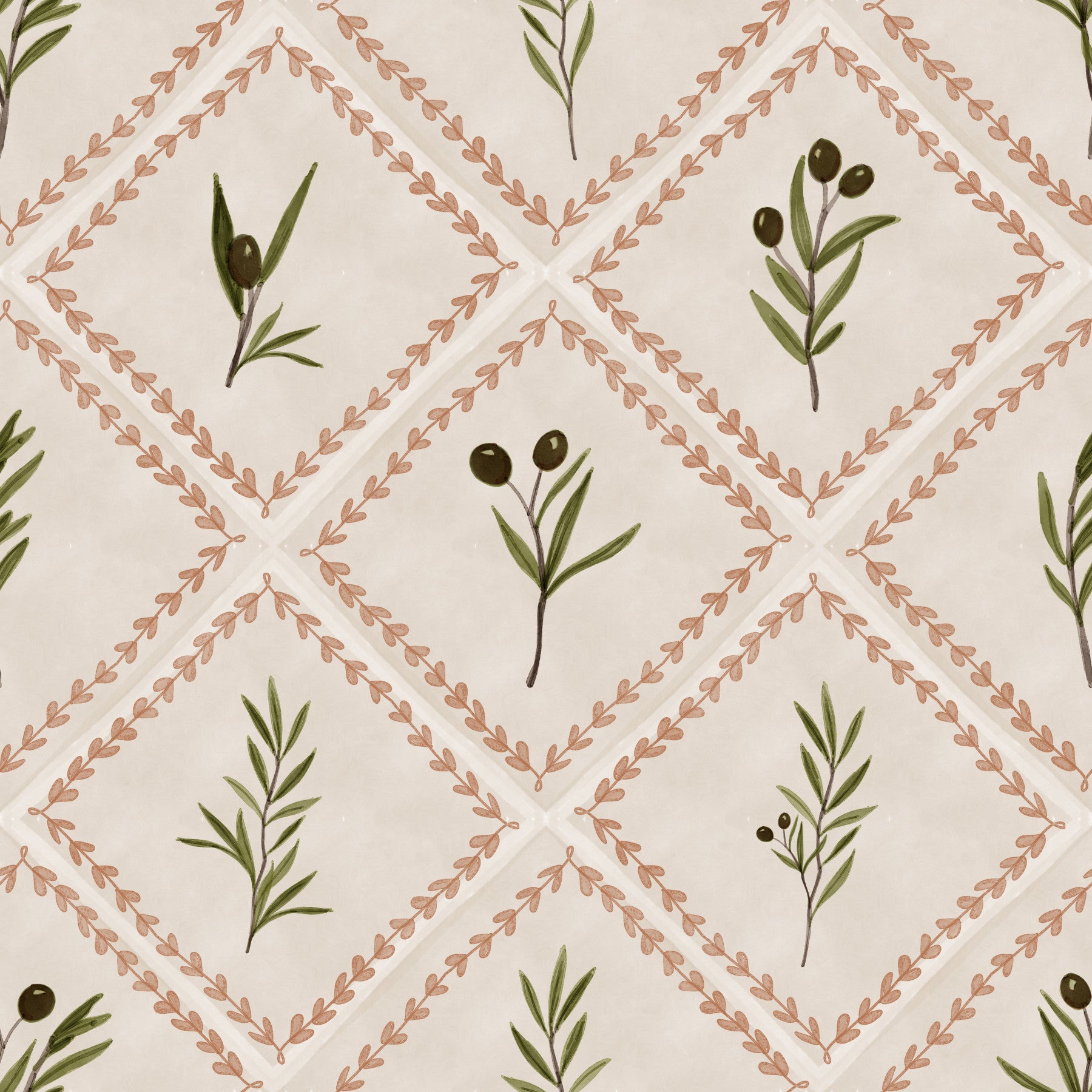 Olive sprigs and terracotta diamonds wrap the Café -dining in Tuscany tile wallpaper