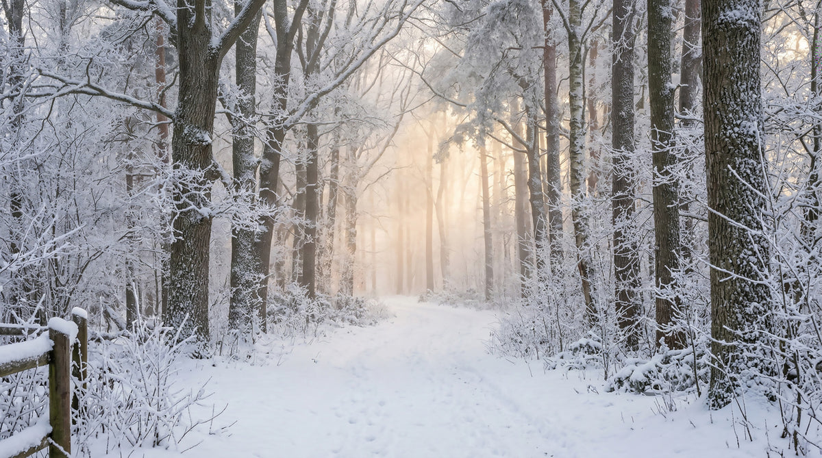Misty Winter Forest Glow Wall Mural in your room — zoomed