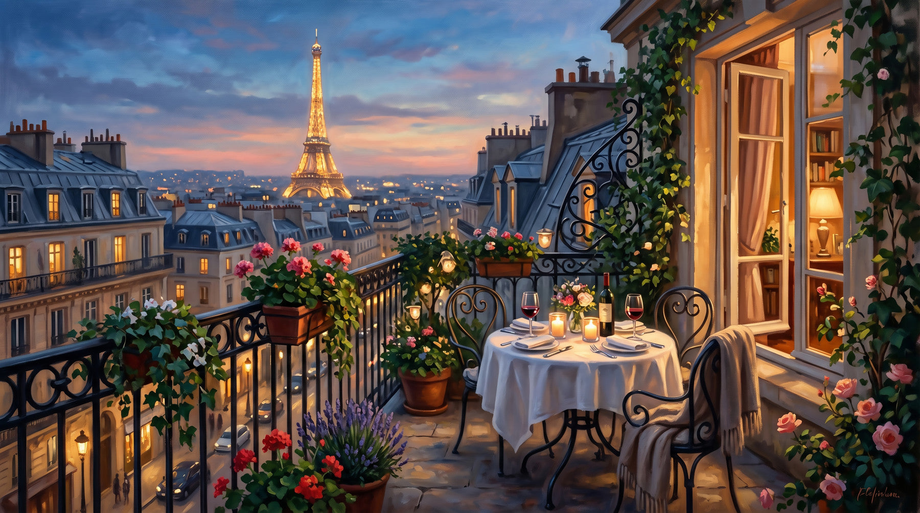 An intimate dining room glows beneath the Parisian Balcony Romance wall mural.