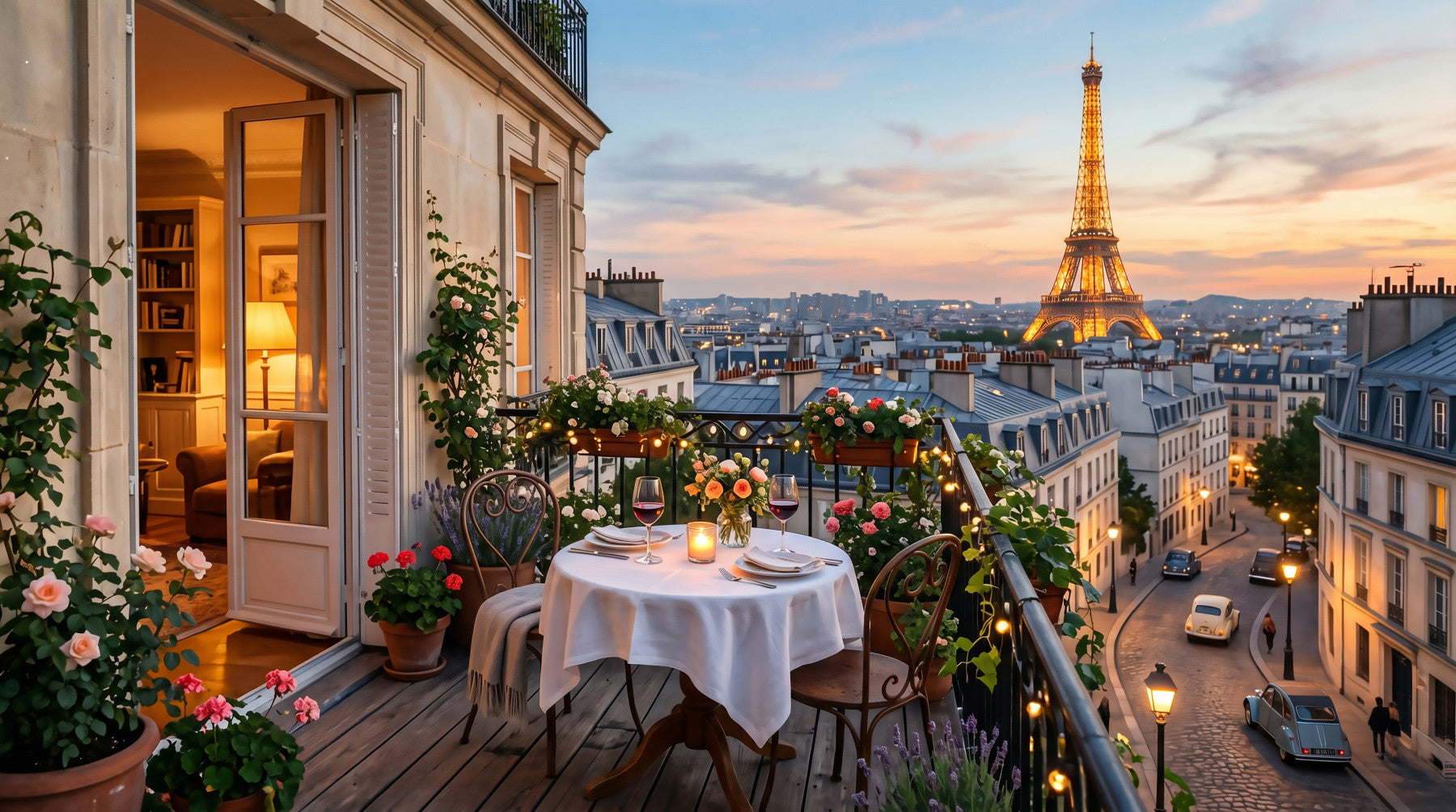 Bathroom styled around the Parisian Balcony Sunset Romance wall mural at dusk.