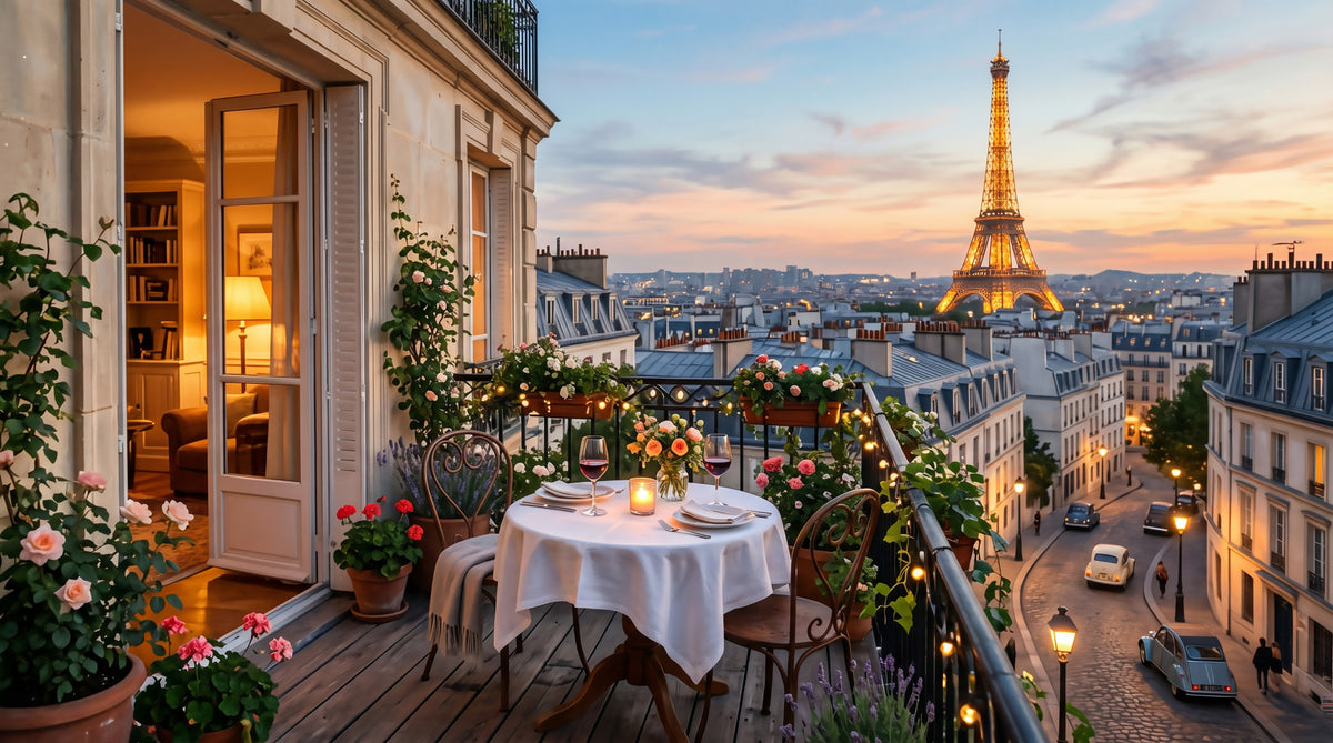 Parisian Balcony Sunset Romance Wall Mural in your room