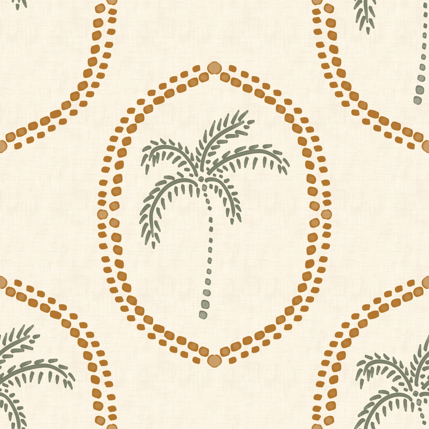 Golden medallion palm wallpaper warms up a bright living room