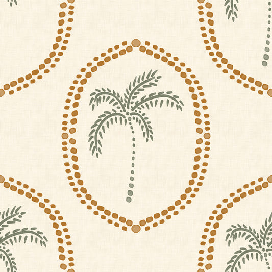Beachy Boho Palm Oasis Golden Medallion Wallpaper⁠
