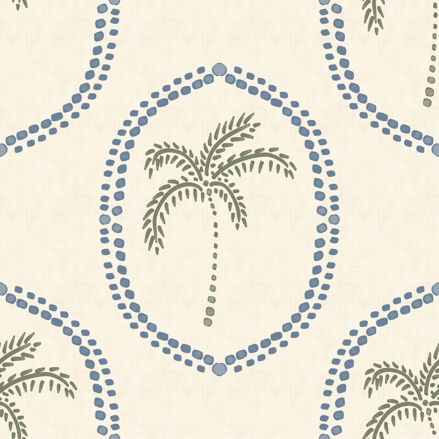 Slate-blue medallions and olive palms calm a bedroom in this Boho wallpaper.