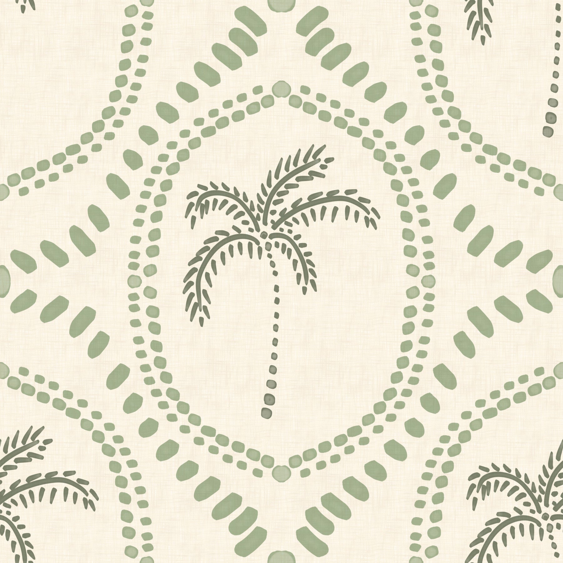 Coastal green palm wallpaper keeps a living room calm and airy