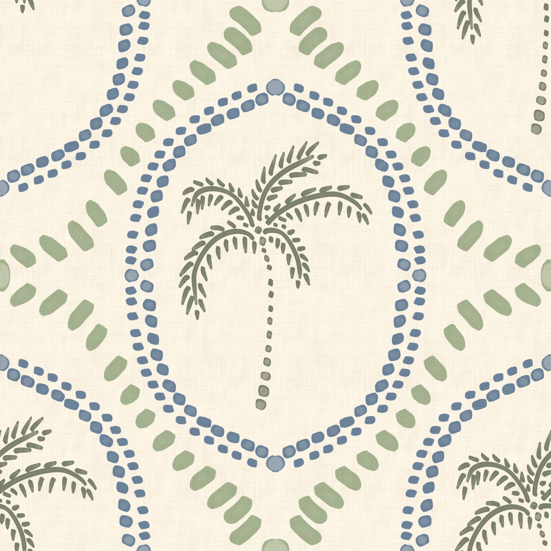 Bright kitchen interior incorporating the beachy boho palm oasis wallpaper.