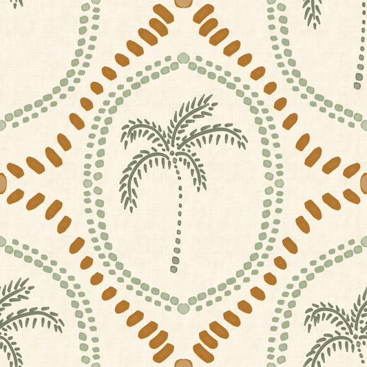 Beachy Boho Palm Oasis Costal Green & Golden Wallpaper⁠