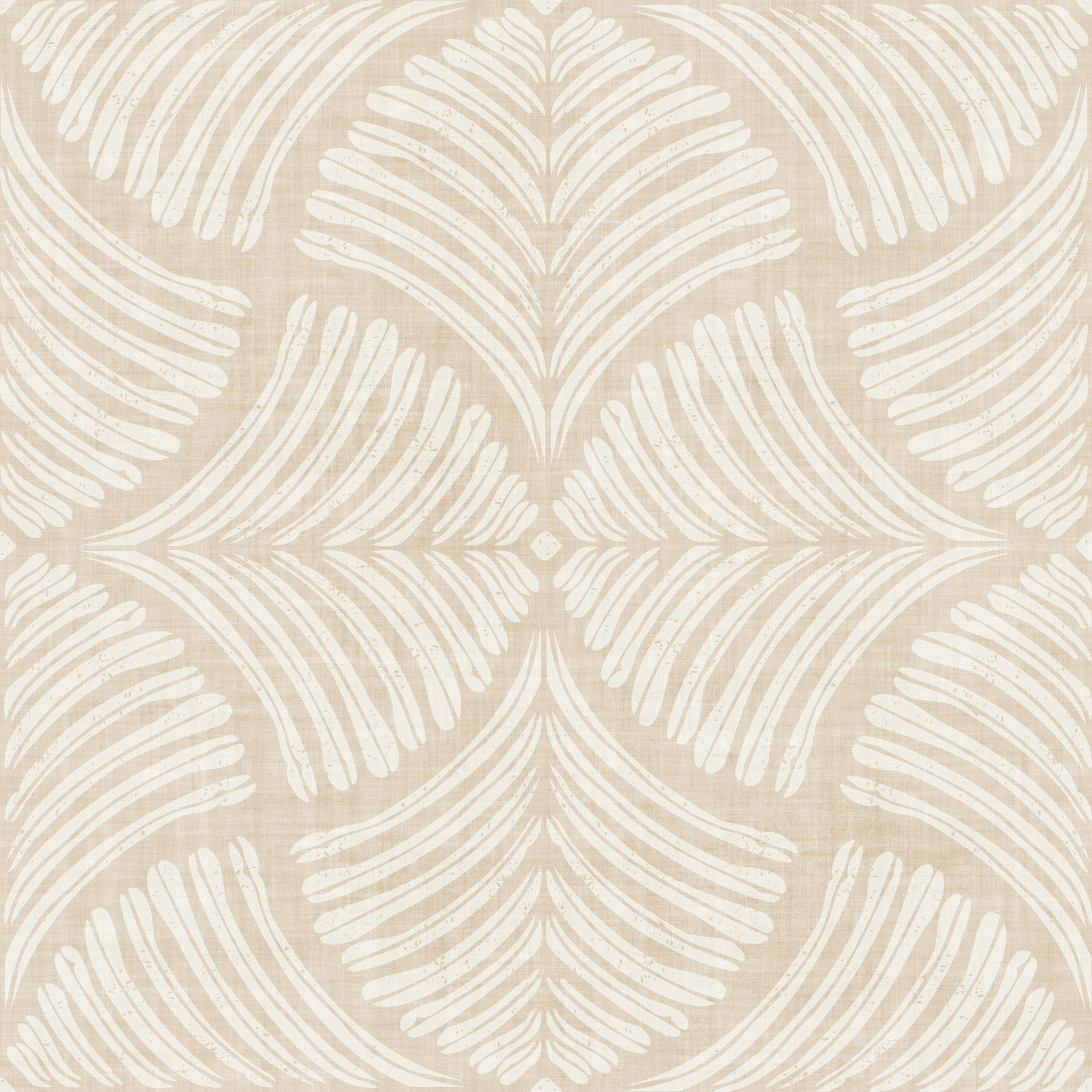 Warm cream scallop fan wallpaper wraps a calm Japandi dining room.