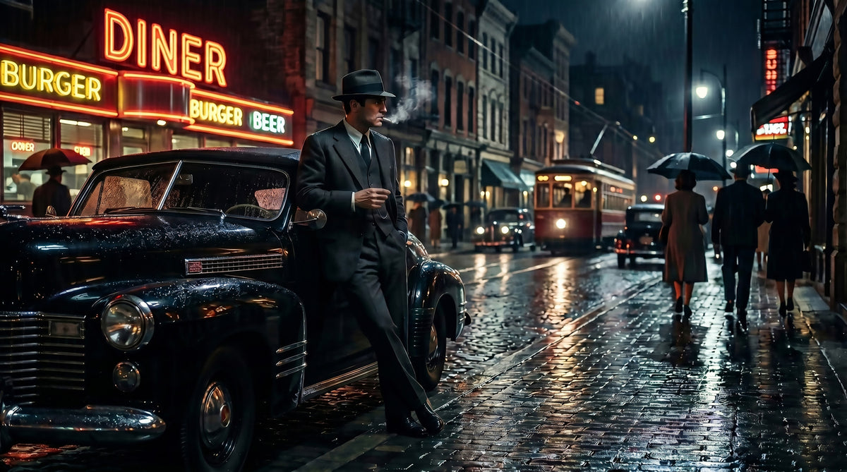 Rainy City Noir Wall Mural in your room — zoomed