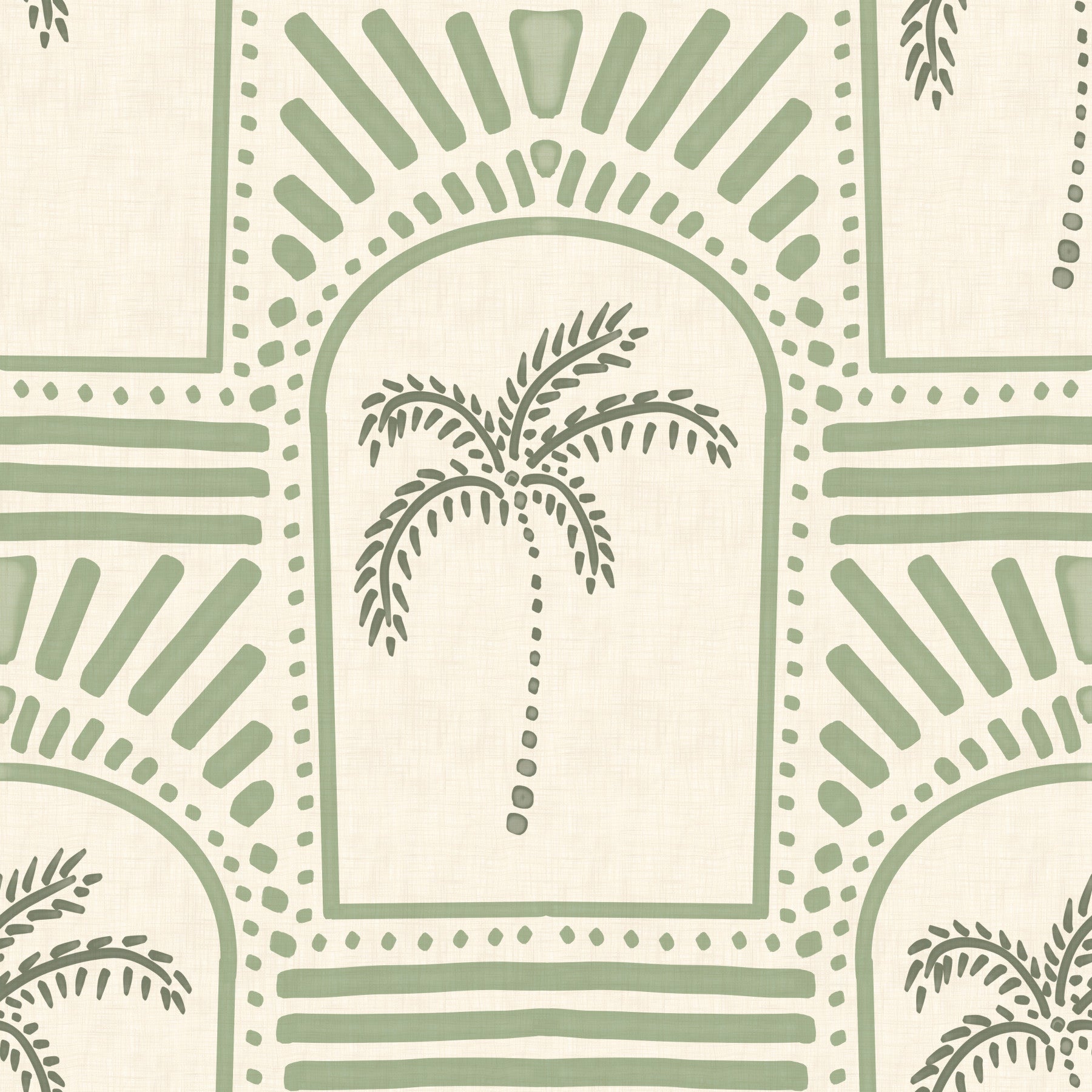 dining room decorated with the Tropical Palm Art Deco Archways Costal Green Wallpaper.