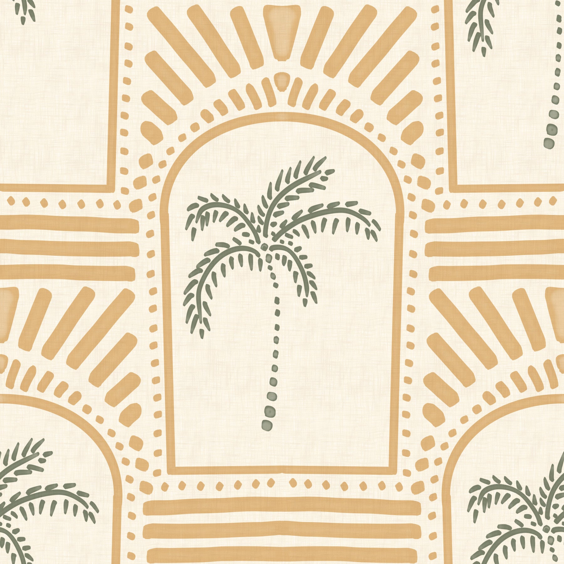 Dining room enhanced by the tropical palm art deco archways sand wallpaper.