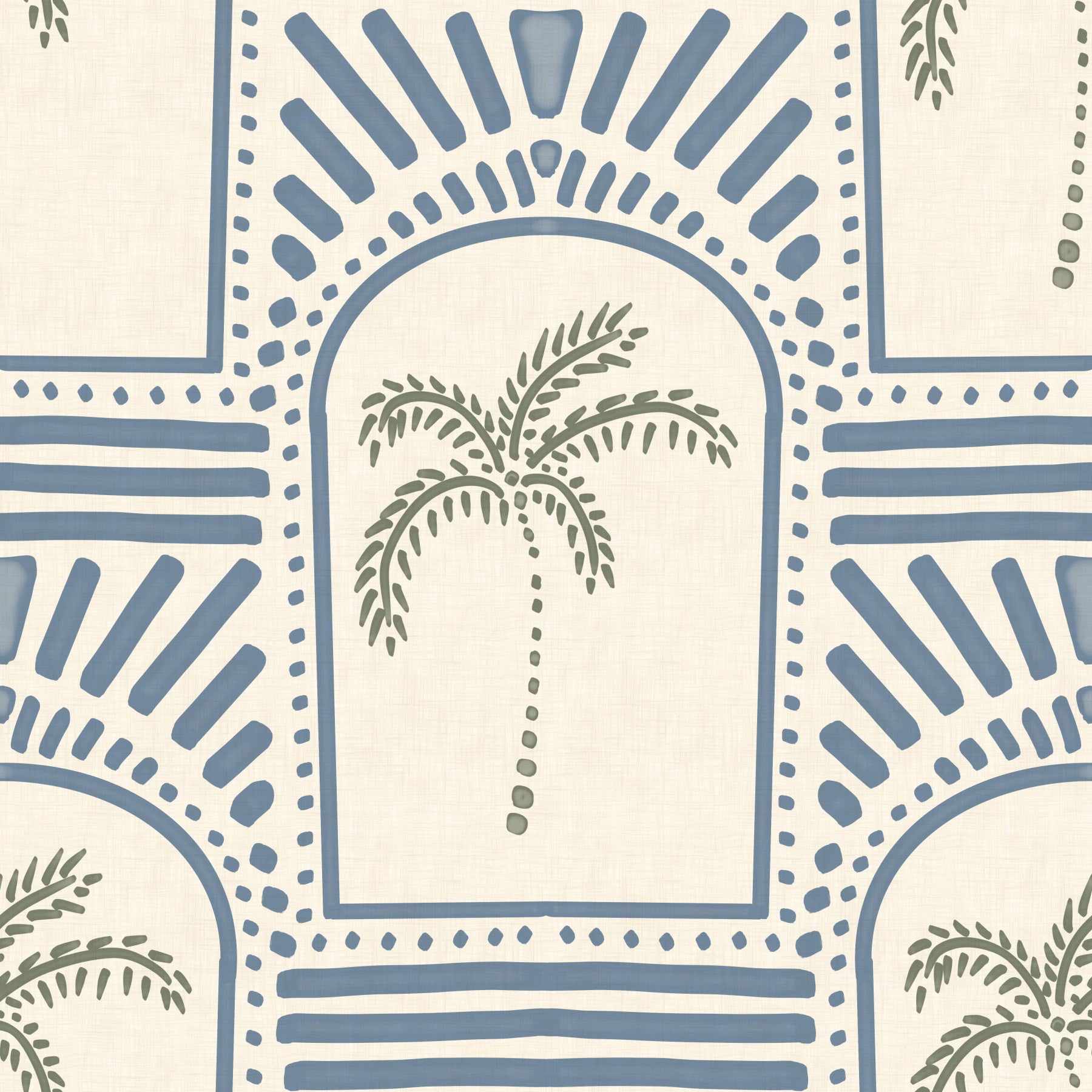 Bathroom interior highlighting the tropical palm art deco archways slate blue wallpaper.