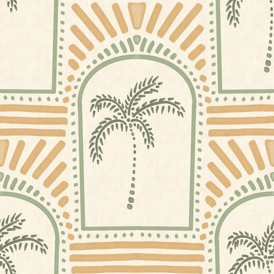 Tropical Palm Art Deco Archways Costal Green & Sand Wallpaper⁠