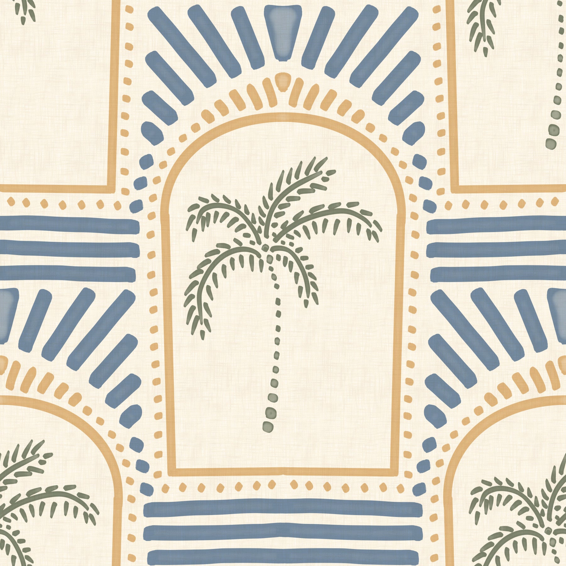 Tropical Palm Art Deco Archways Sand & Slate Blue Wallpaper⁠