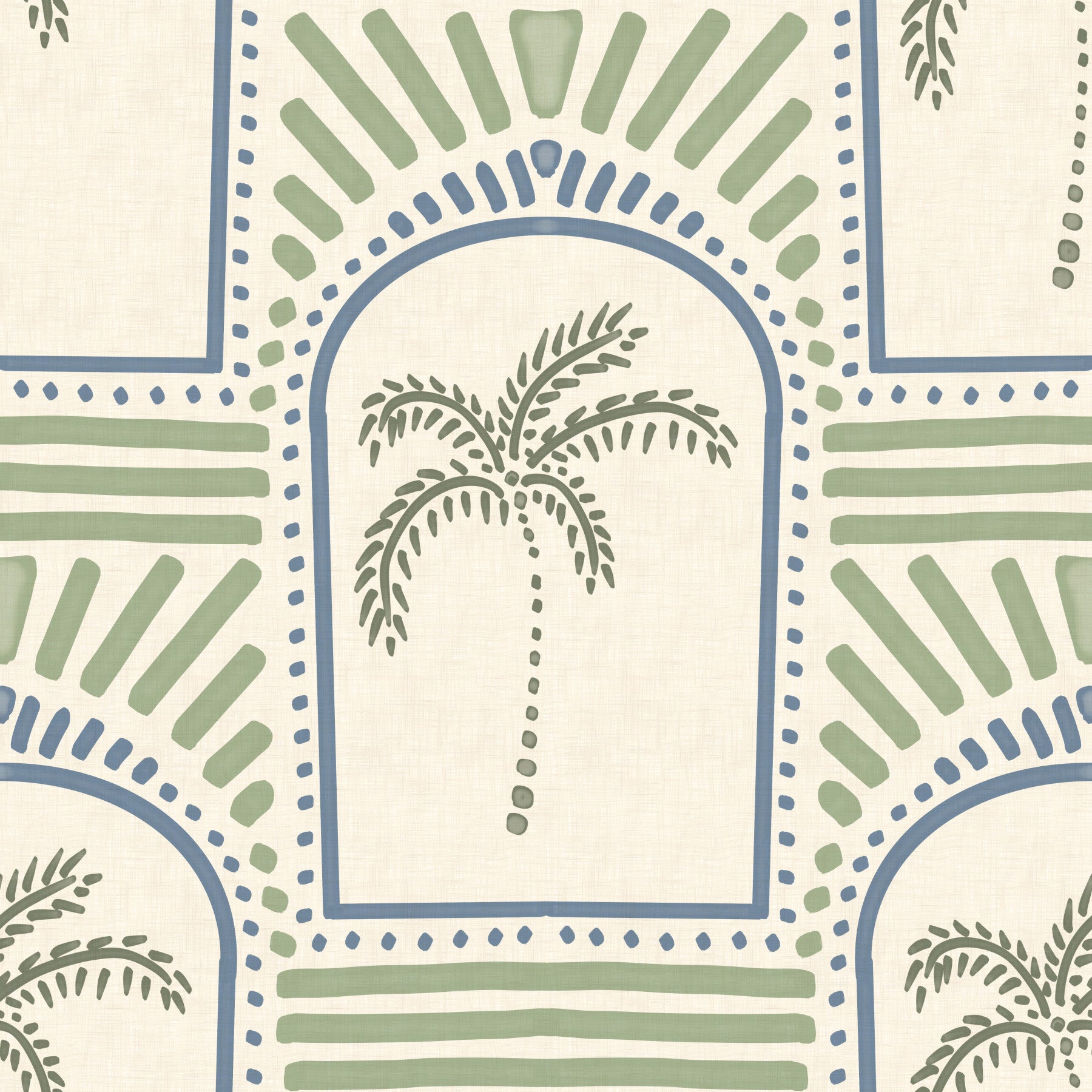 Tropical Palm Art Deco Archways Slate Blue & Costal Green Wallpaper⁠