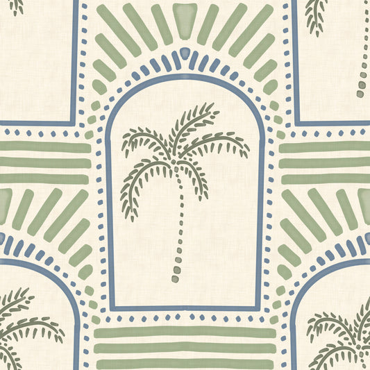 Tropical Palm Art Deco Archways Slate Blue & Costal Green Wallpaper⁠