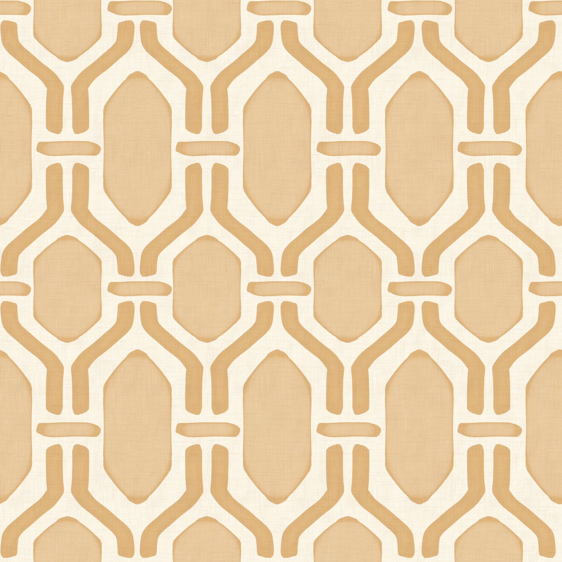 Tranquil bedroom displaying the art deco trellis sand wallpaper.