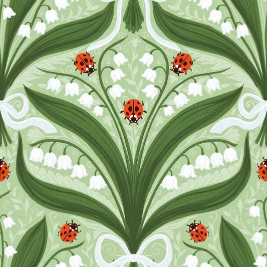 Lily of the valley and ladybugs symmetry in green, white and red 2 Wallpaper⁠