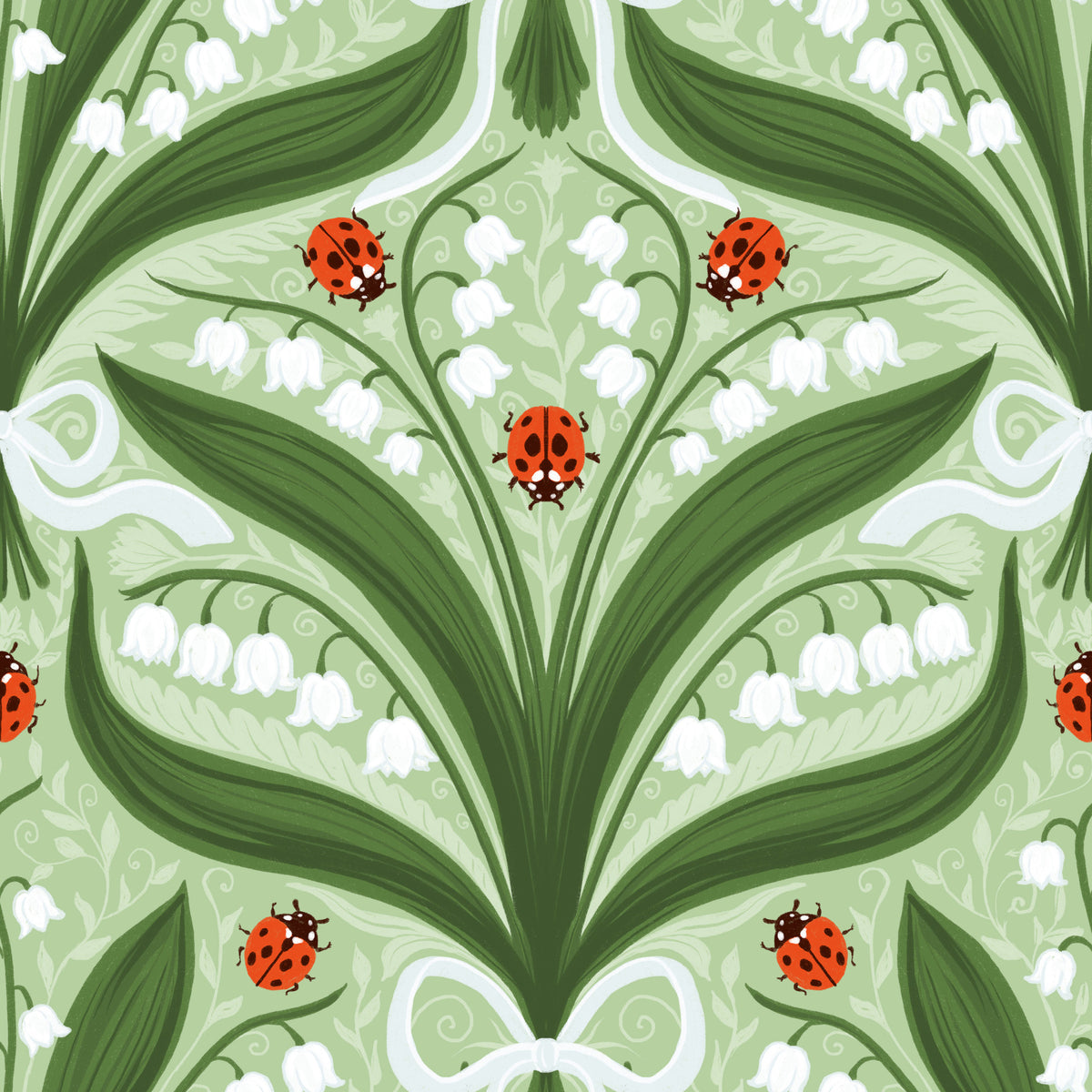 Lily of the valley and ladybugs symmetry in green, white and red 2 Wallpaper⁠ in your room